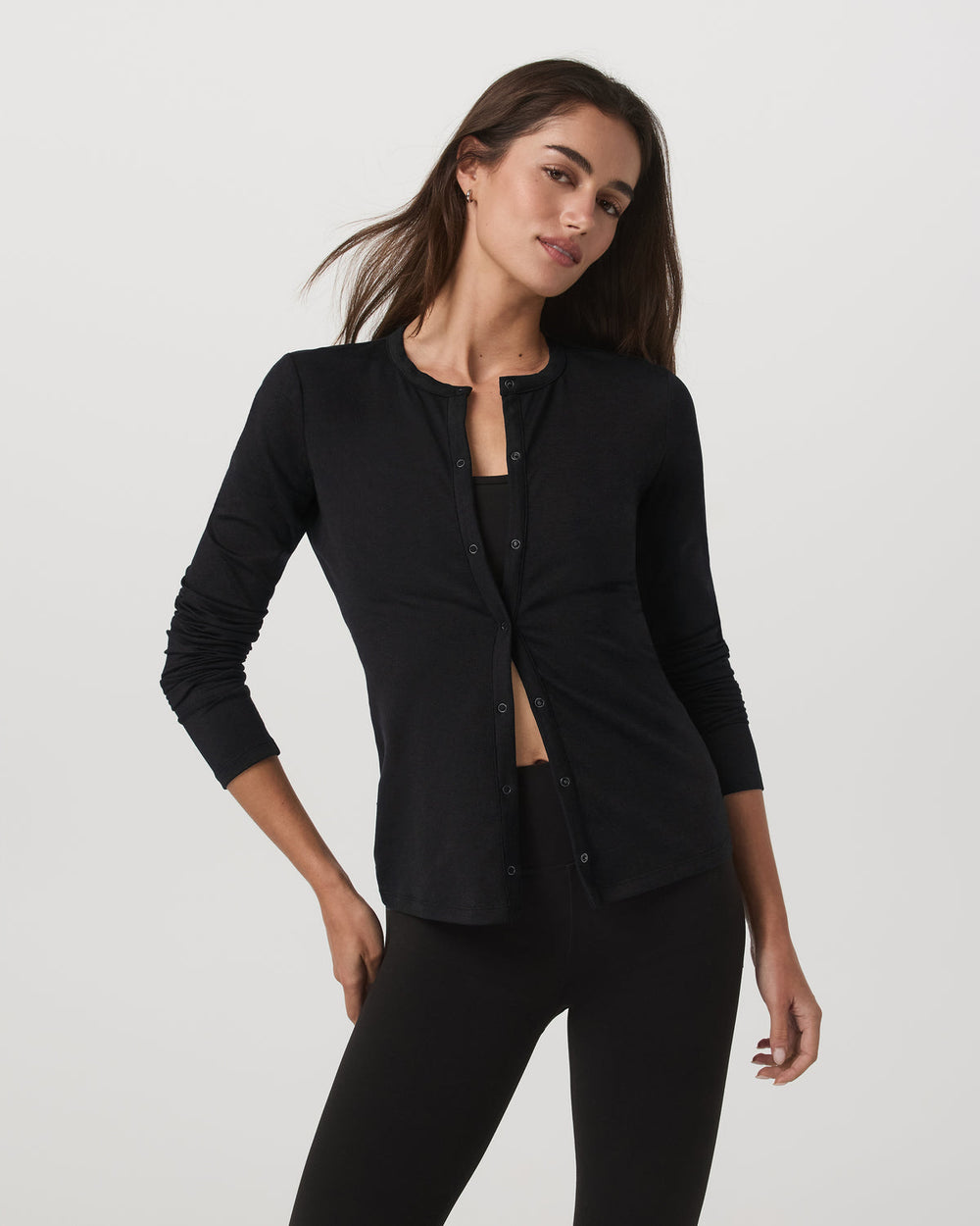 Women's Long Sleeve Halo Snap Cardigan Black Heather | Vuori sale