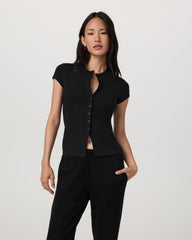 Short Sleeve Pose Button Up Women's Black Crewneck| Vuori | Vuori shop