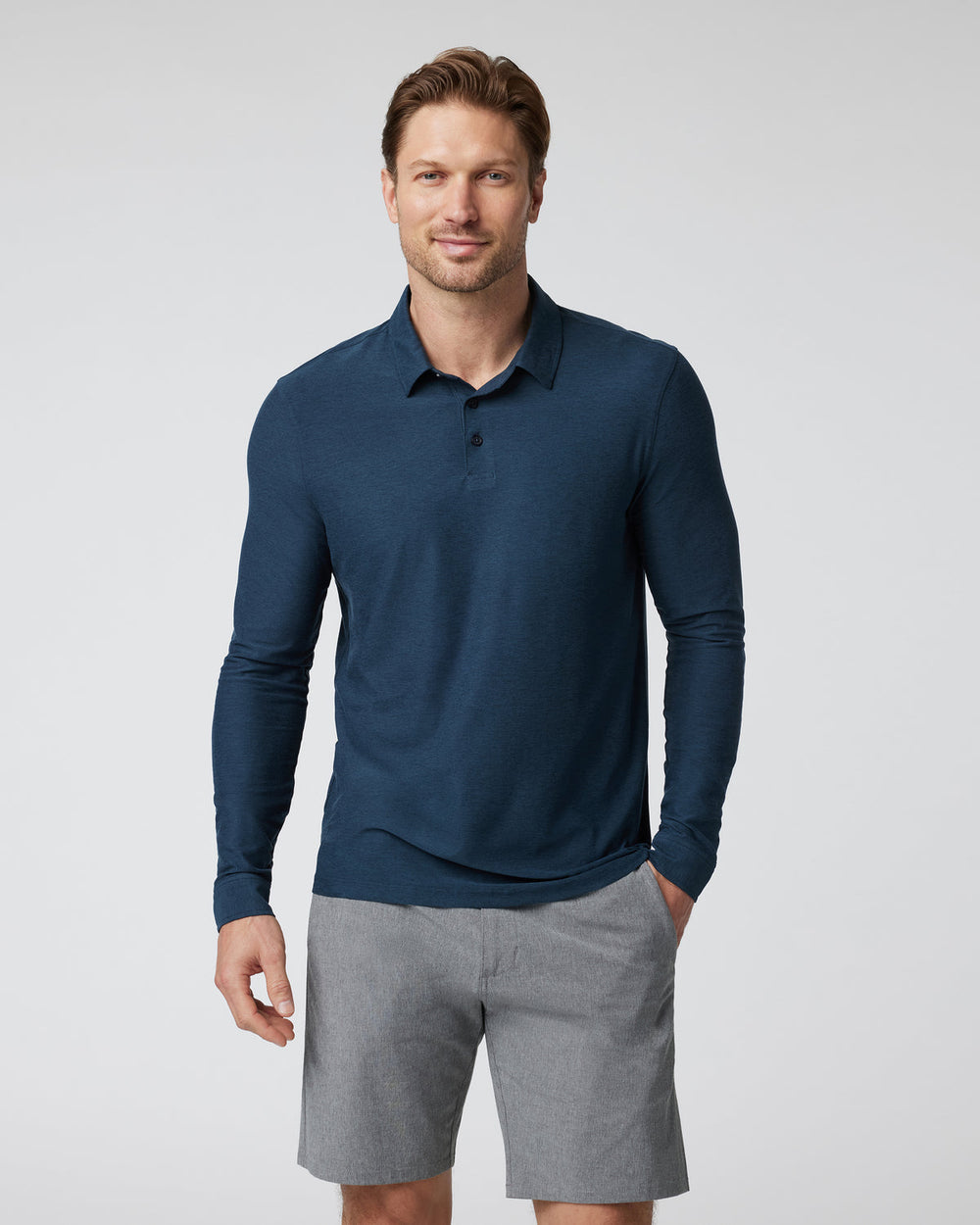 Long Sleeve Strato Tech Polo Navy Heather Blue Polo | Vuori shop