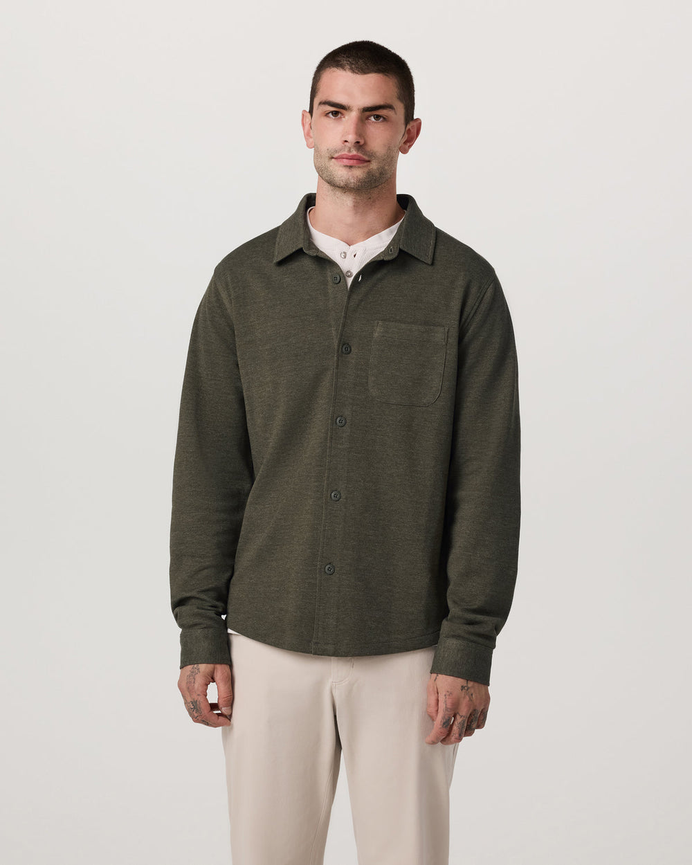 Jeffreys Overshirt Men's Olive Heather Button-Up Shirt | Vuori discount